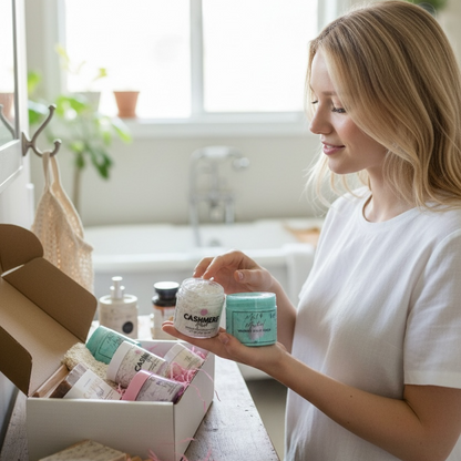 Woman in a bathroom holding skincare products next to a box of items.