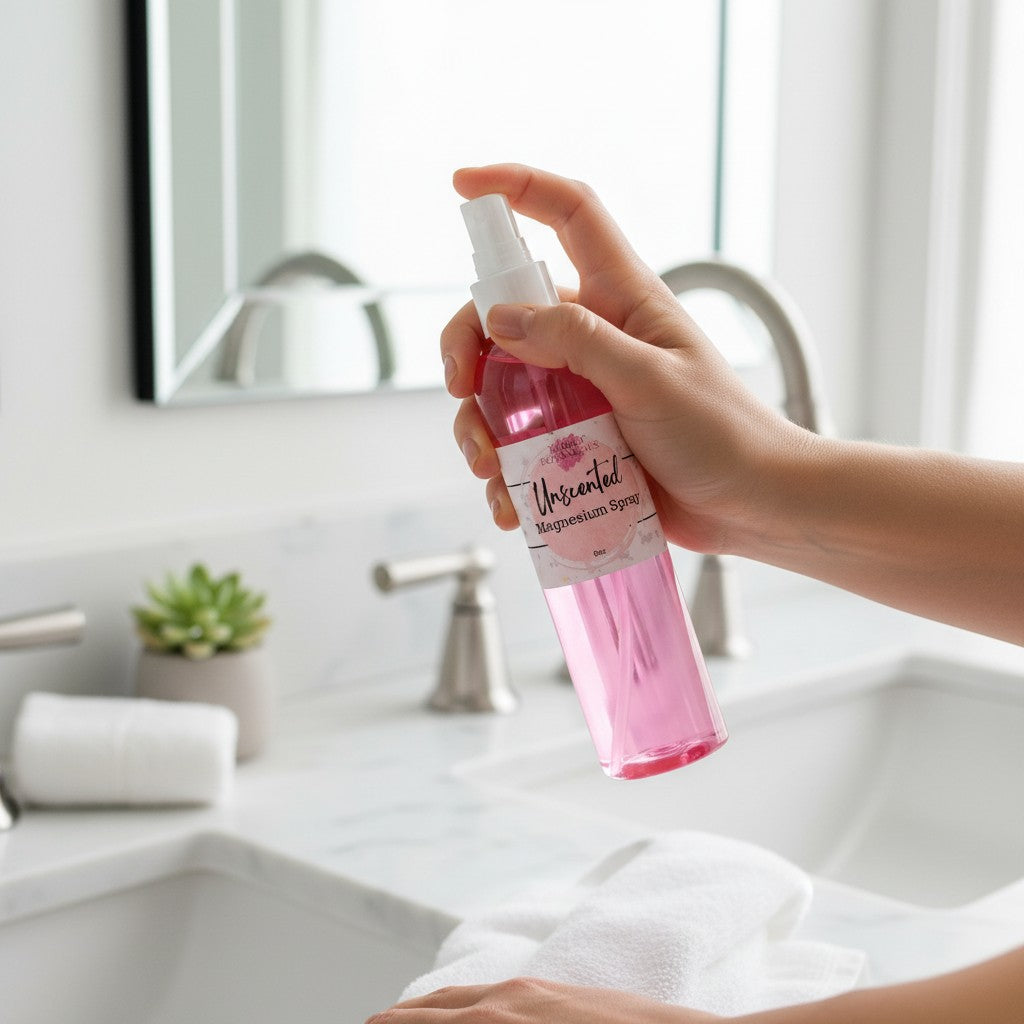 Hand holding a pink spray bottle labeled 'Uninced' in a bathroom setting.
