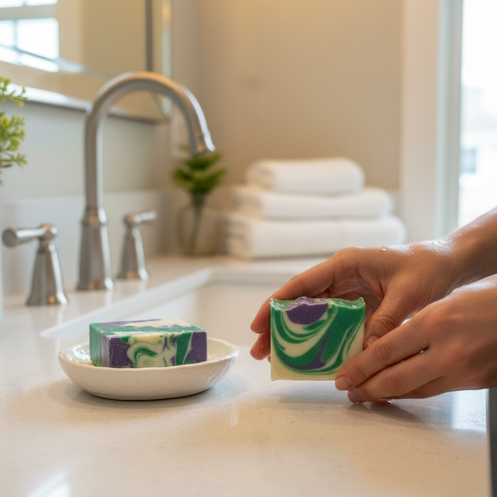 Person holding a bar of green and purple soap over a sink with another bar of soap on a dish.