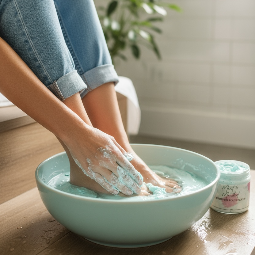 Person washing feet in a teal bowl with a jar of Refreshing Mint & Menthol Foot Scrub on a wooden floor.