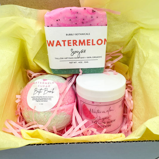 Watermelon Sugar bath and body gift set by Bubbly Botanicals with tallow soap, tallow lotion, and a bath bomb