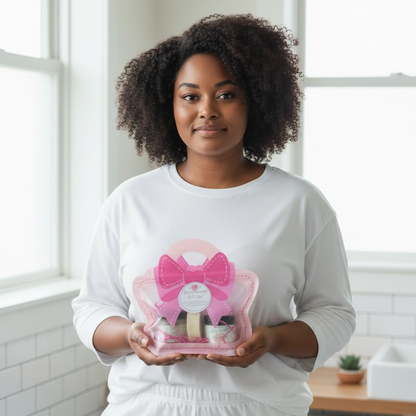 Woman holding a pink beauty kit in a bathroom setting