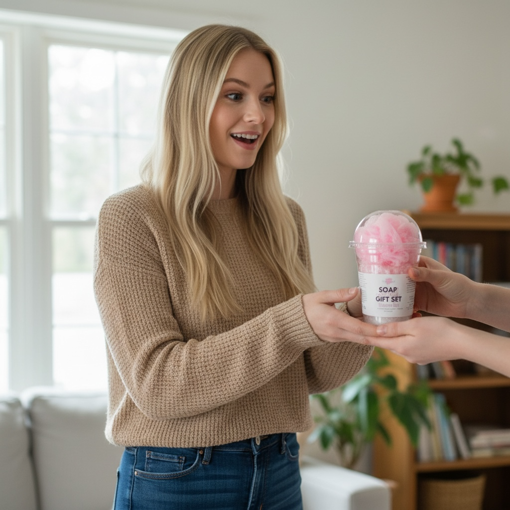 Woman receiving a soap gift set from another person in a home setting