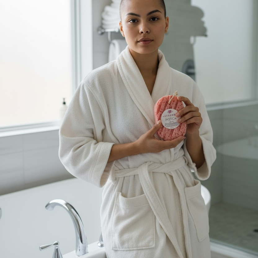 Person in a white robe holding a pink product in a bathroom.