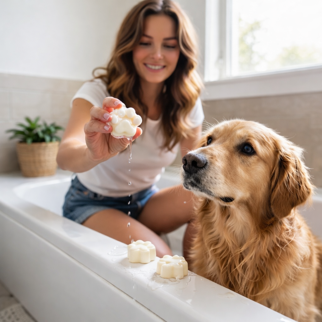 Woman with a dog in a bathtub, holding a soap bar
