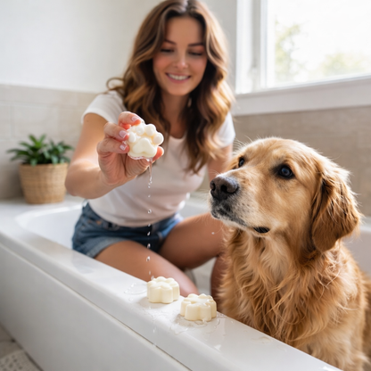 Woman with a dog in a bathtub, holding a soap bar